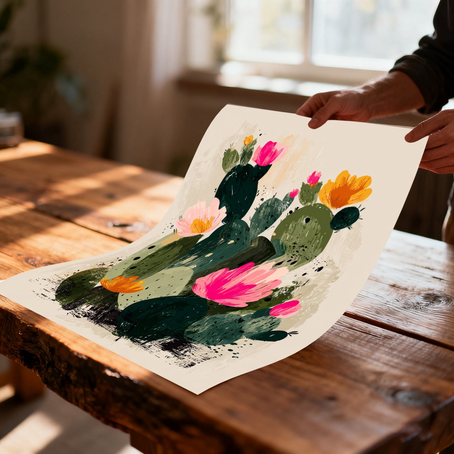 A close-up of a person's hands holding an unframed, high-quality art print of the abstract blooming cactus design, showing the quality of the print over a rustic wooden table.