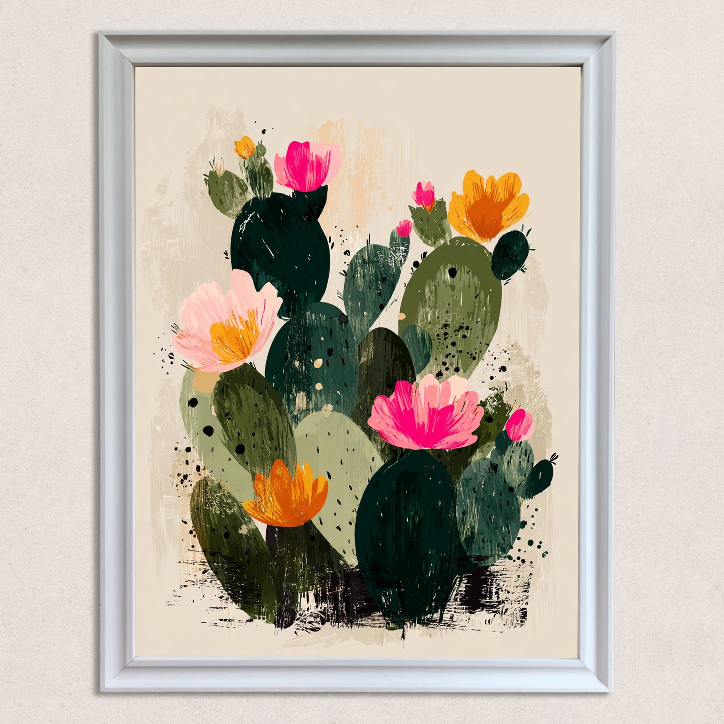 A detailed, close-up view of the abstract prickly pear cactus print in a white frame, highlighting the vibrant pink and orange flowers and the dark green, textured brushstrokes against a light cream background.