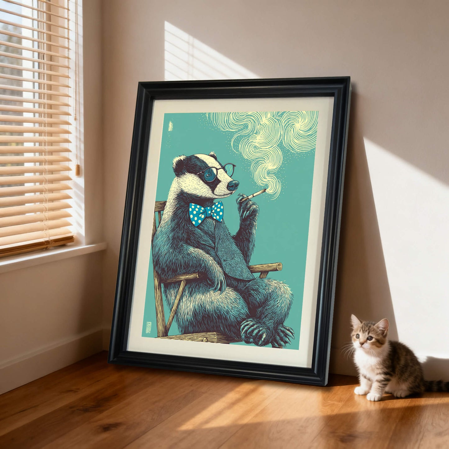 Large black framed badger wall art leaning against a neutral wall next to a cute kitten on hardwood floors, perfect for whimsical nursery decor or pet lover home styling.