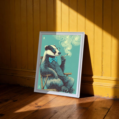 Leaning white framed badger print against a bright yellow wood-paneled wall with dramatic sunlight, perfect for eclectic home styling.