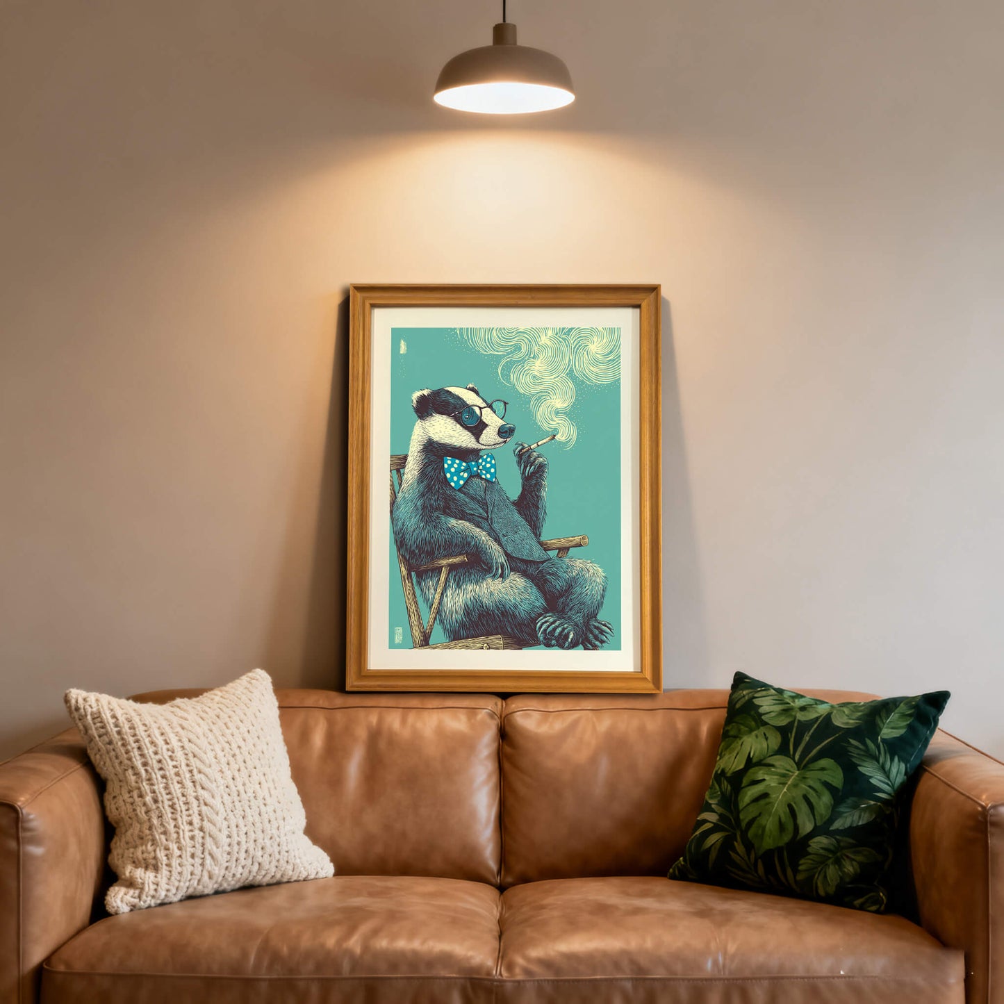 Badger wall art in a wooden frame hanging above a tan leather couch with a green botanical pillow, creating a warm, sophisticated living space.