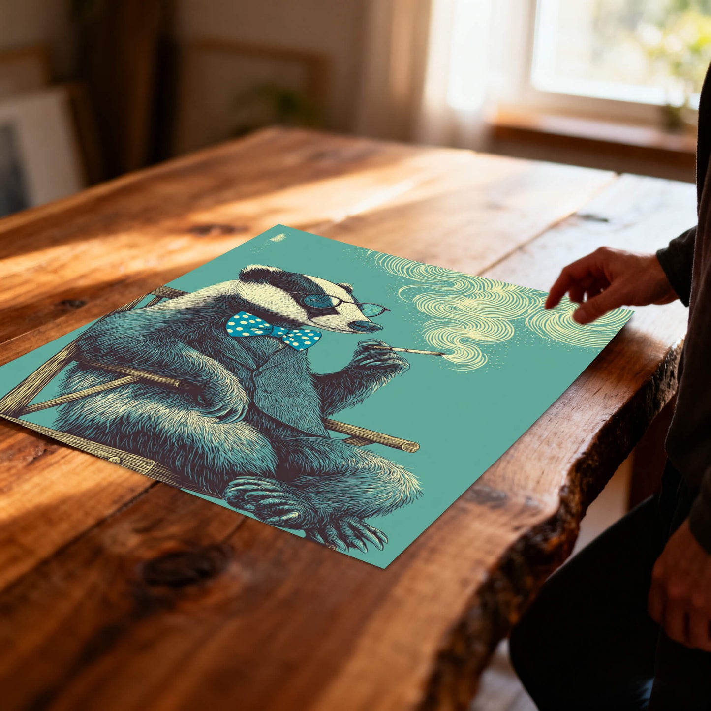 Close-up of a whimsical badger art print on a rustic wooden table with sunlight, perfect for modern office decor or quirky gift ideas.