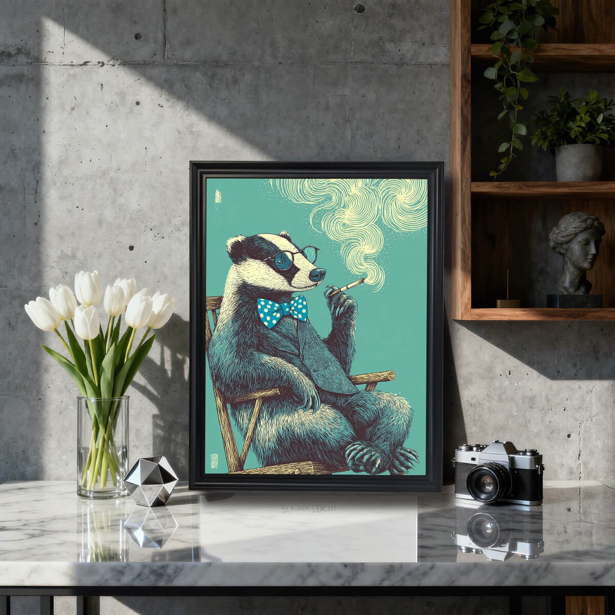 Black framed badger illustration on a marble desk with white tulips and a vintage camera, ideal for industrial or minimalist interior design.