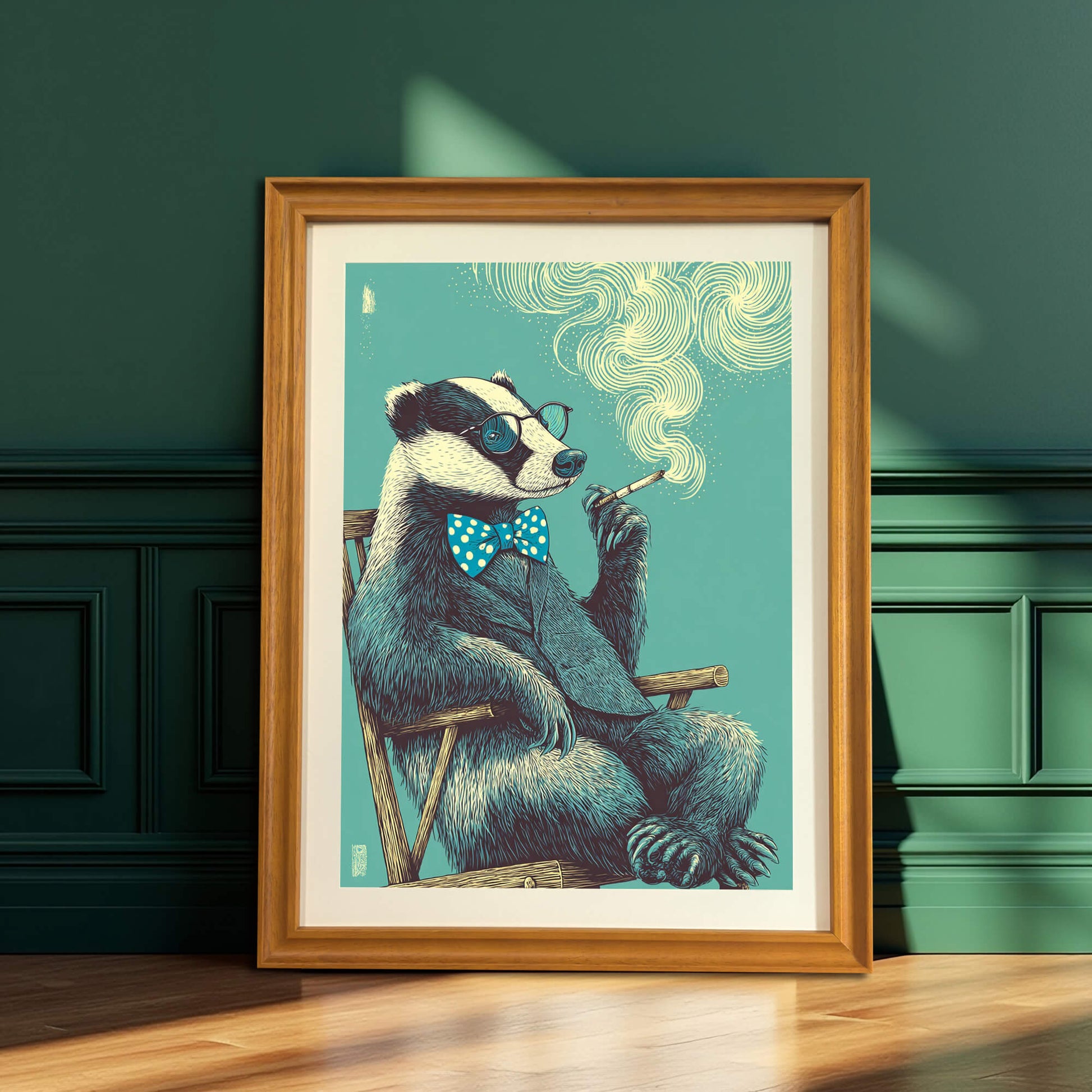 Wood framed whimsical badger poster leaning against a dark emerald green wainscotted wall, highlighting mid-century modern aesthetic.