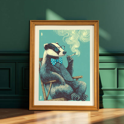 Wood framed whimsical badger poster leaning against a dark emerald green wainscotted wall, highlighting mid-century modern aesthetic.