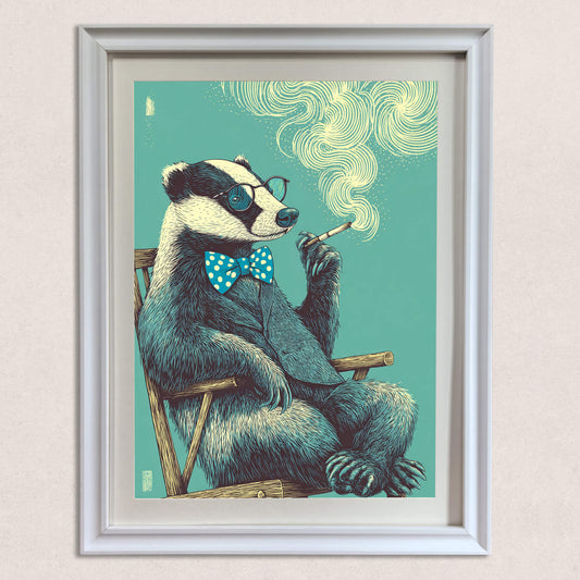 High-resolution flat lay of a white framed badger in a tuxedo and bowtie art print, a unique piece of surrealist animal wall decor.