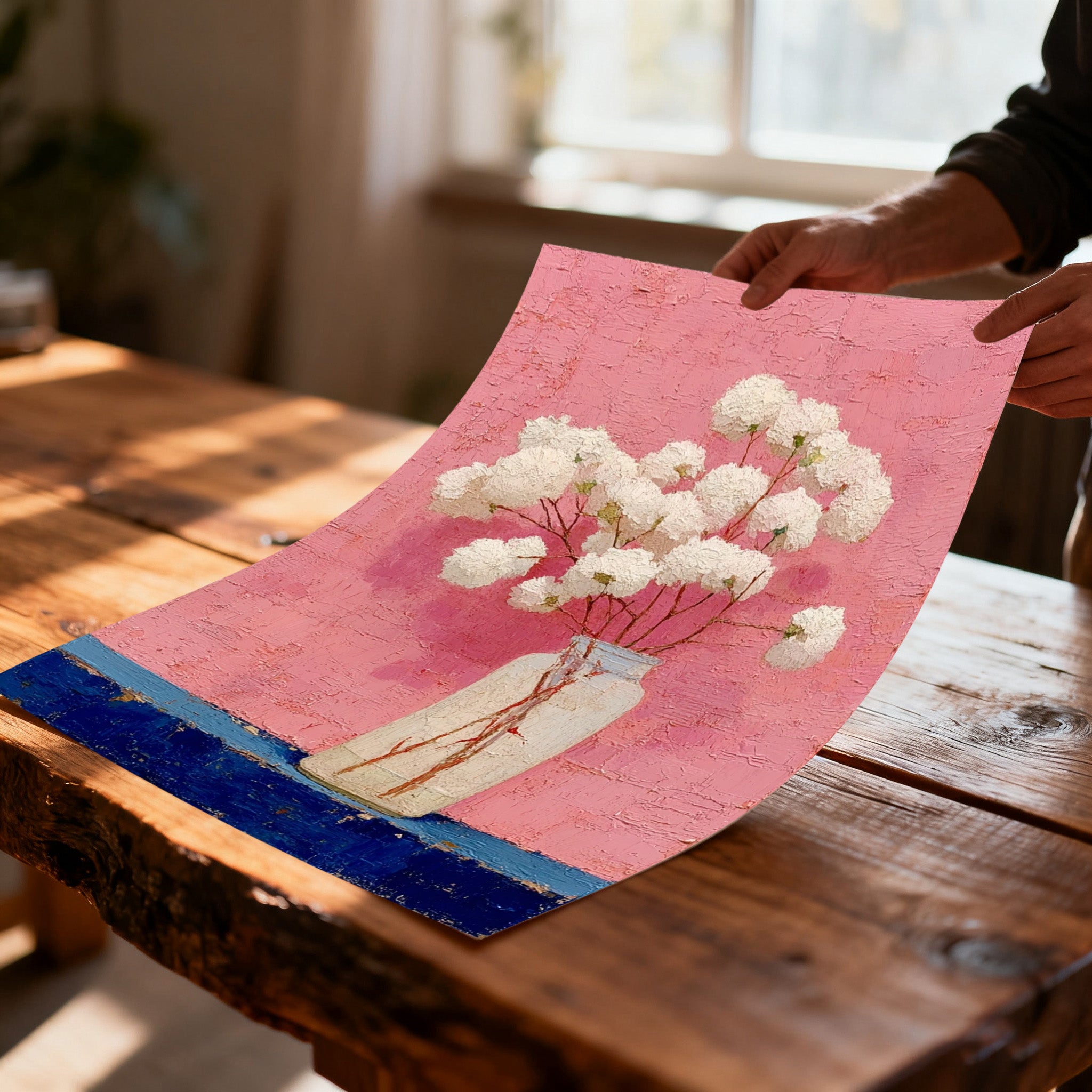 A close-up of a person's hands holding an unframed, high-quality art print of white flowers on a pink and blue background, showcasing the print texture and color vibrancy, held over a rustic wooden table.