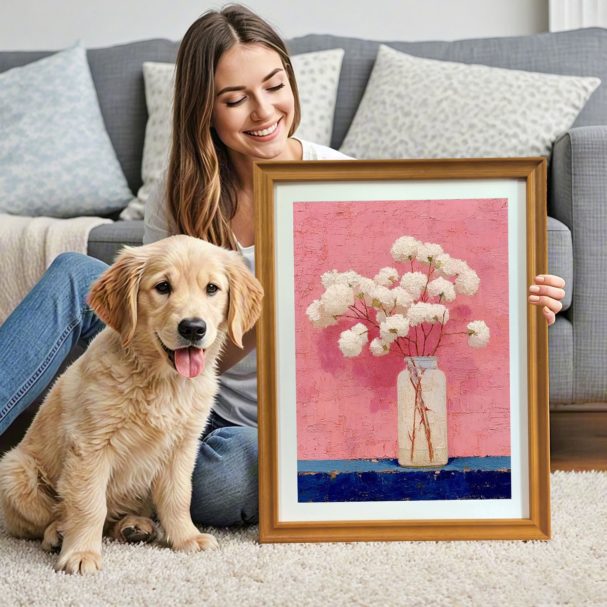 A smiling woman sits on the floor next to a golden retriever puppy, holding up a framed art print. The artwork is a still life of white flowers in a vase on a pink and blue background, set in a gold/natural wood frame.