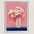 A close-up detail shot of the framed art print, highlighting the rich texture of the original painting (white flowers, pink background, dark blue base) and the clean look of the white frame.