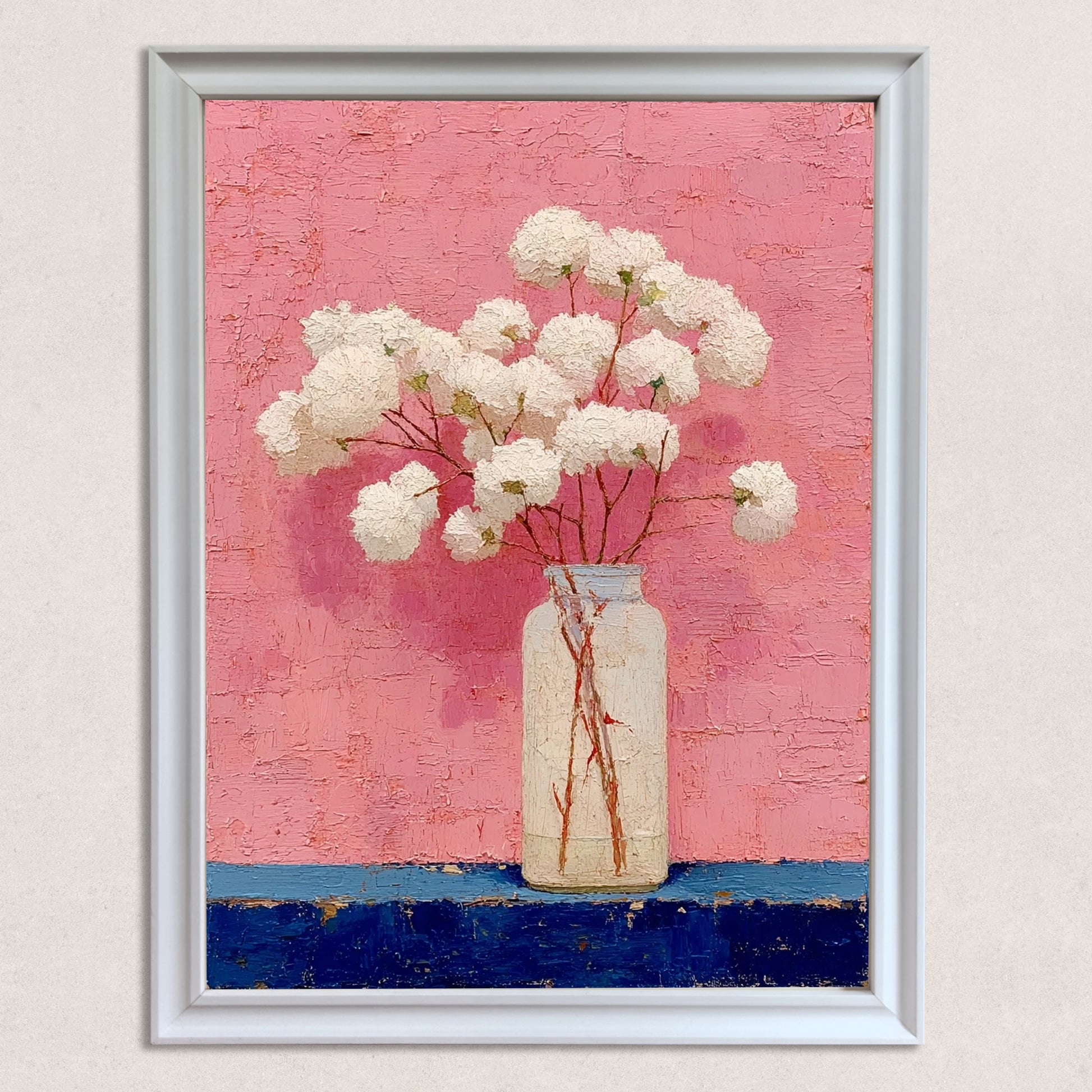 A close-up detail shot of the framed art print, highlighting the rich texture of the original painting (white flowers, pink background, dark blue base) and the clean look of the white frame.