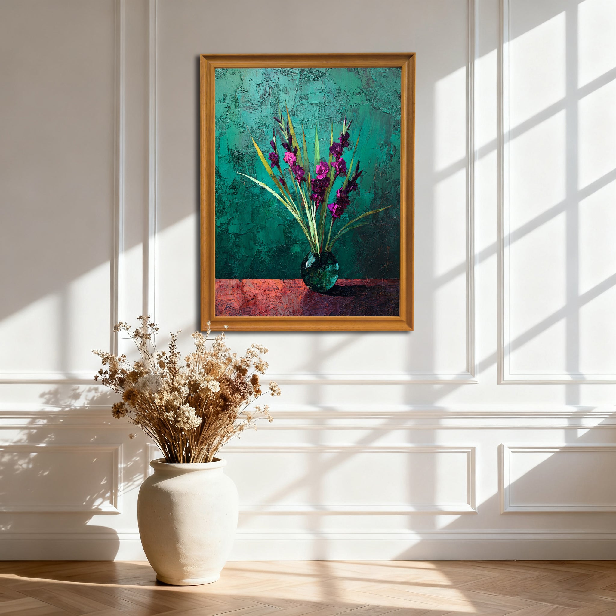 Abstract still life print featuring purple spike flowers in a dark green glass vase against a rich teal and textured red background, framed in light brown wood, hanging on a white wainscoting wall.
