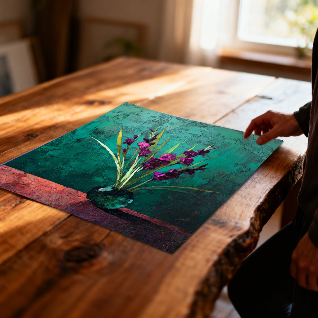 Unframed art print of purple flowers and foliage in a vase on a teal and red background, lying on a rustic wooden table with a person's hand nearby.