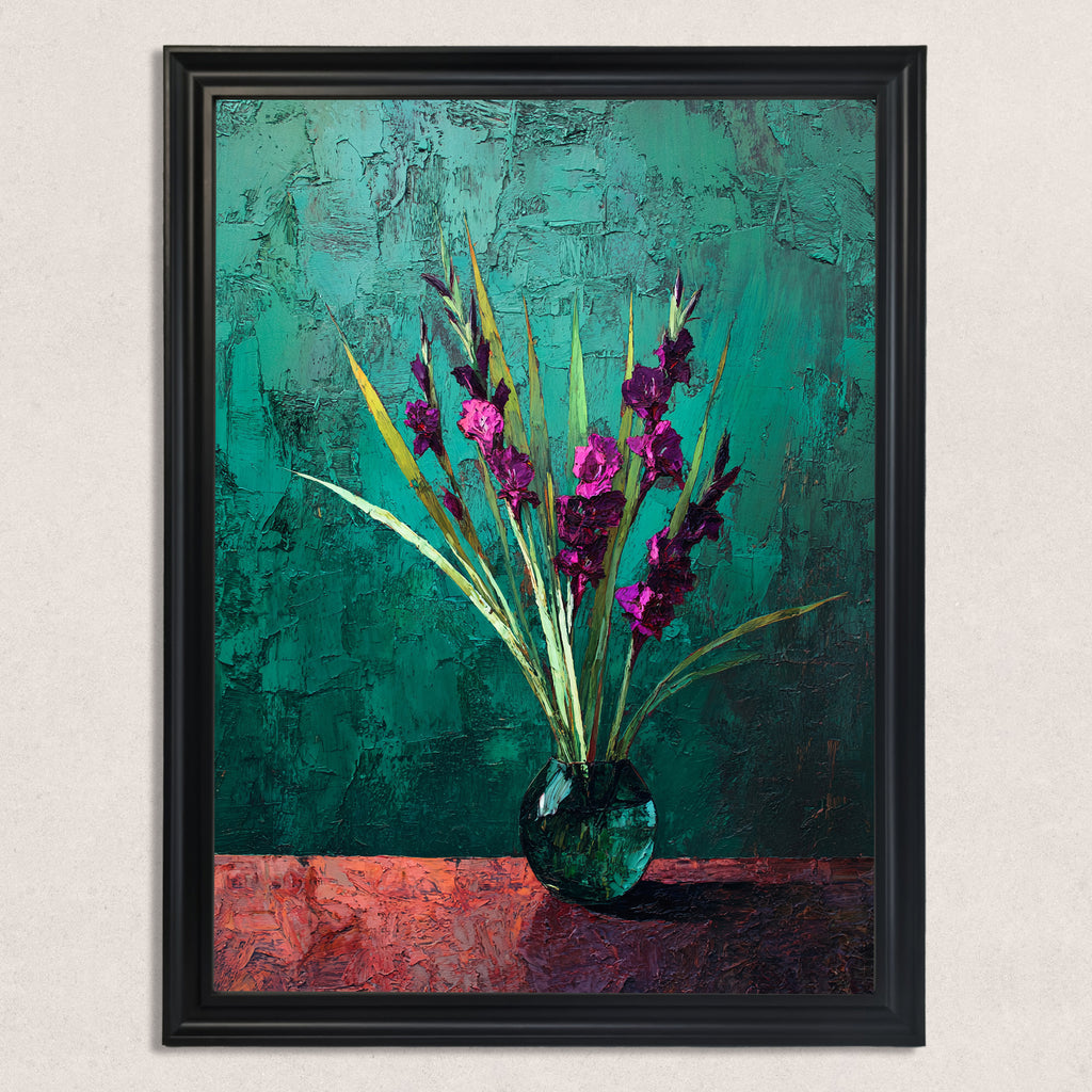 Close-up of the art print: deep purple flowers and green foliage in a dark glass vase, set against a heavily textured emerald green wall and a rich red table, framed in black.