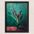 Close-up of the art print: deep purple flowers and green foliage in a dark glass vase, set against a heavily textured emerald green wall and a rich red table, framed in black.