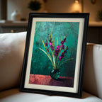 Black-framed art print of vibrant purple flowers in a dark green vase with a textured teal and red background, leaning on a light-colored sofa.