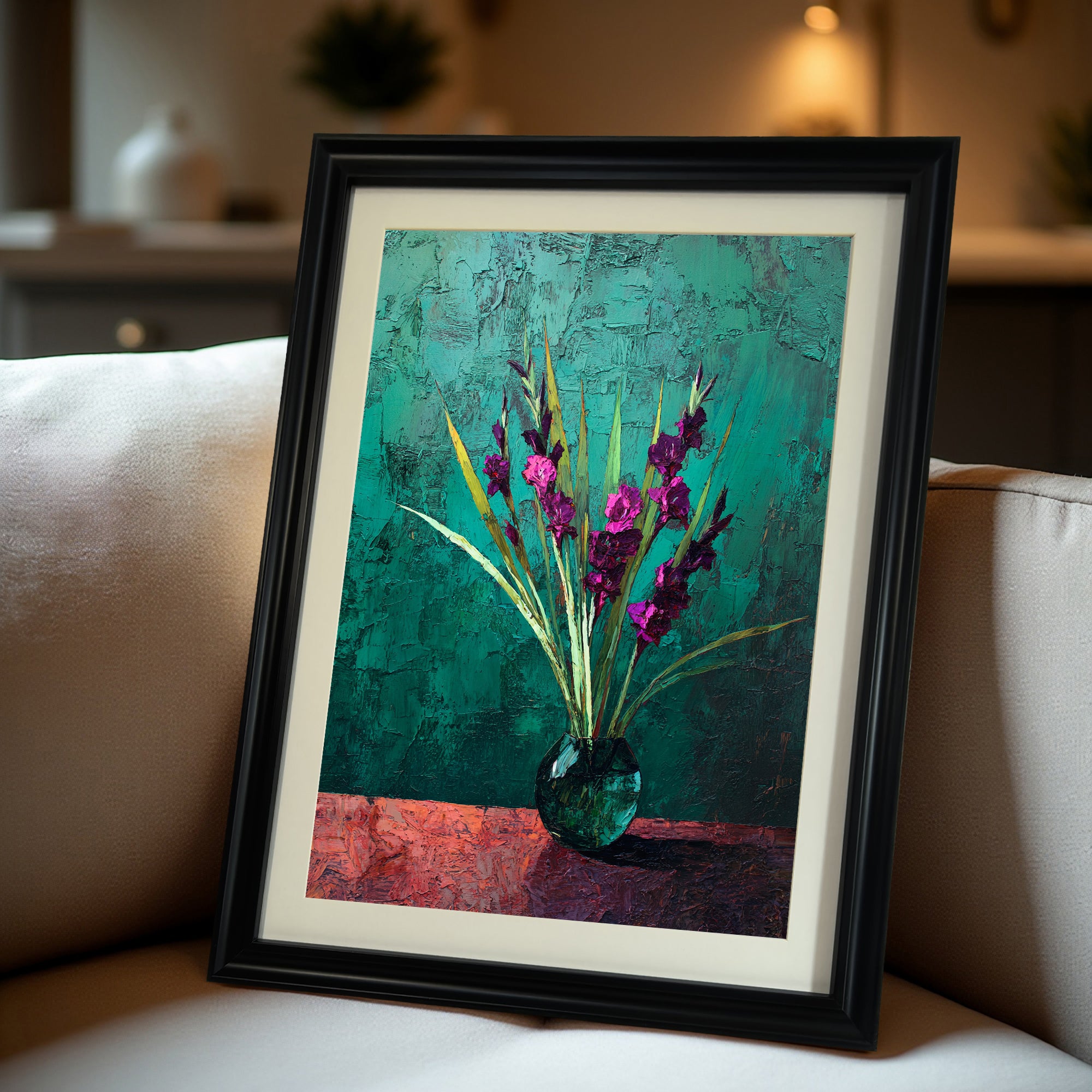 Black-framed art print of vibrant purple flowers in a dark green vase with a textured teal and red background, leaning on a light-colored sofa.