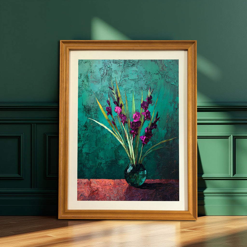Gold-colored wood framed art print of purple gladiolus flowers in a vase against a teal and red background, leaning on the floor against a dark forest green paneled wall.