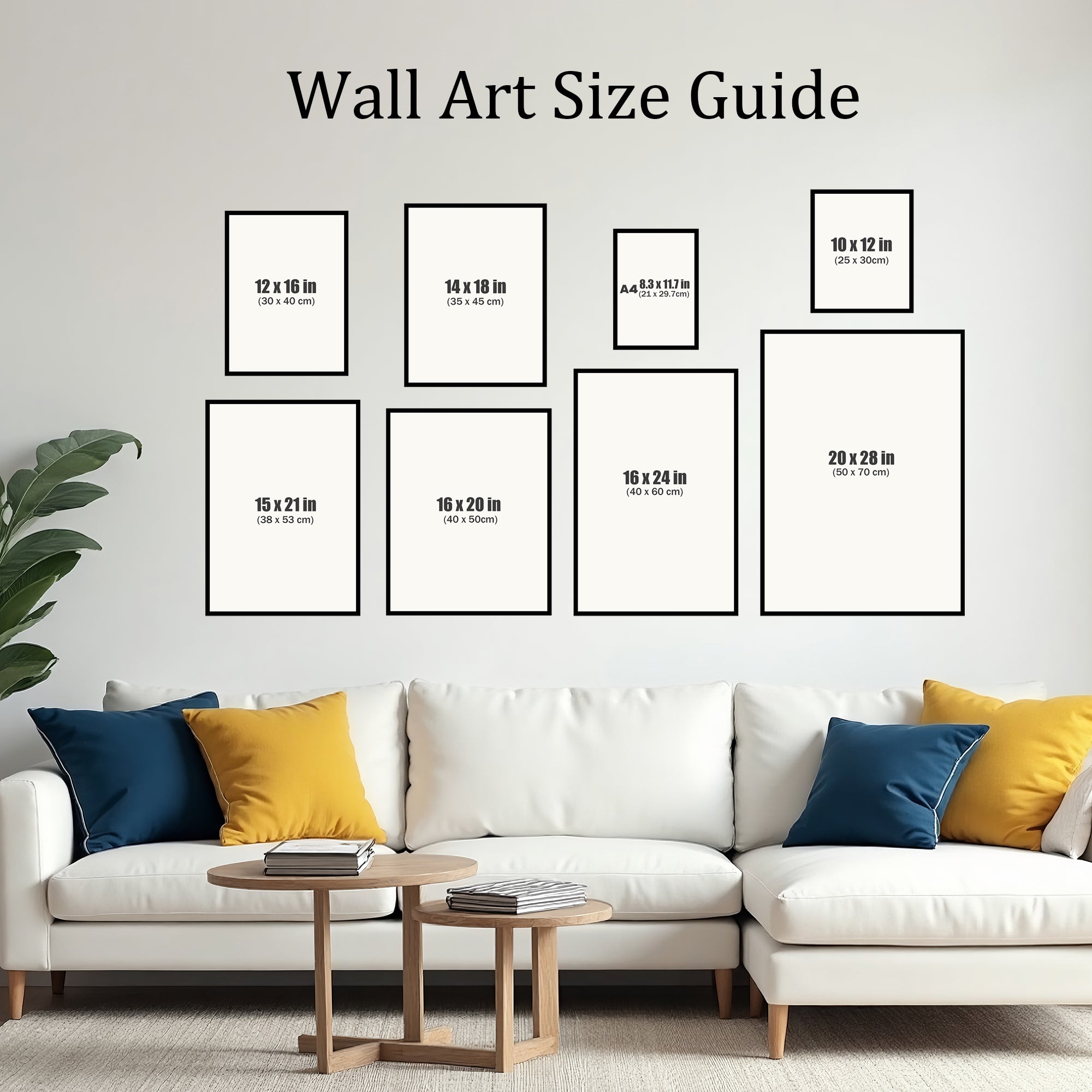Wall art size guide displayed above a modern white sofa, showing multiple frame dimensions including 10x12, 12x16, 14x18, A4, 15x21, 16x20, 16x24, and 20x28 inches, arranged on a clean living room wall with colorful throw pillows and minimalist decor.
