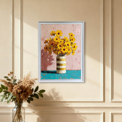 White framed palette knife painting of yellow daisies on a beige wall with classic architectural wall molding.