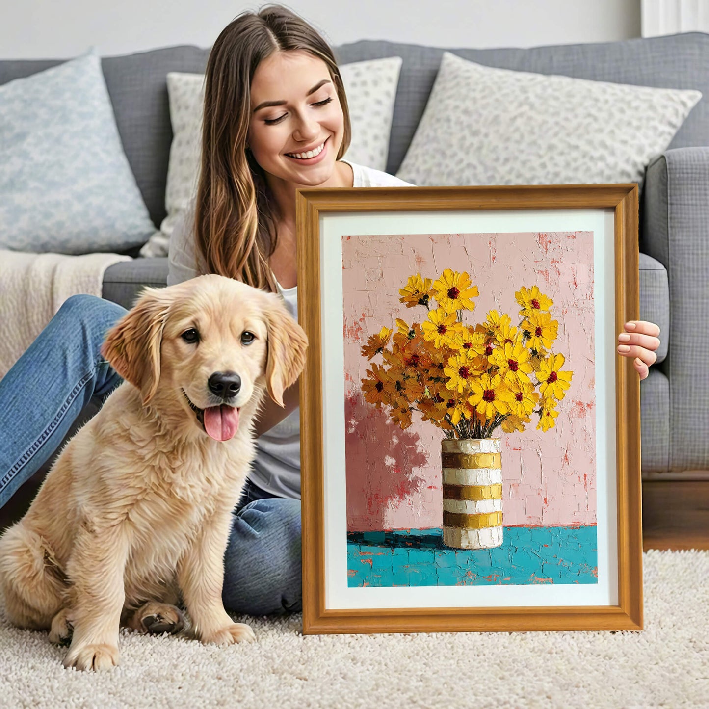 Lifestyle shot of a woman and a Golden Retriever puppy with a large wood-framed yellow flower art piece.