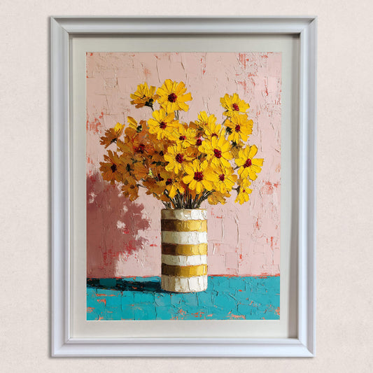 Front view of a white-framed impasto painting featuring yellow wildflowers, a pink background, and a teal foreground.