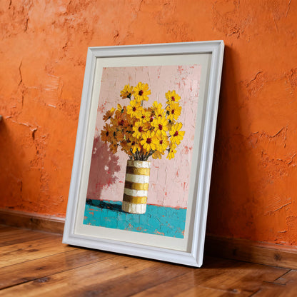 White framed floral art print leaning against a vibrant orange textured wall on a polished hardwood floor.