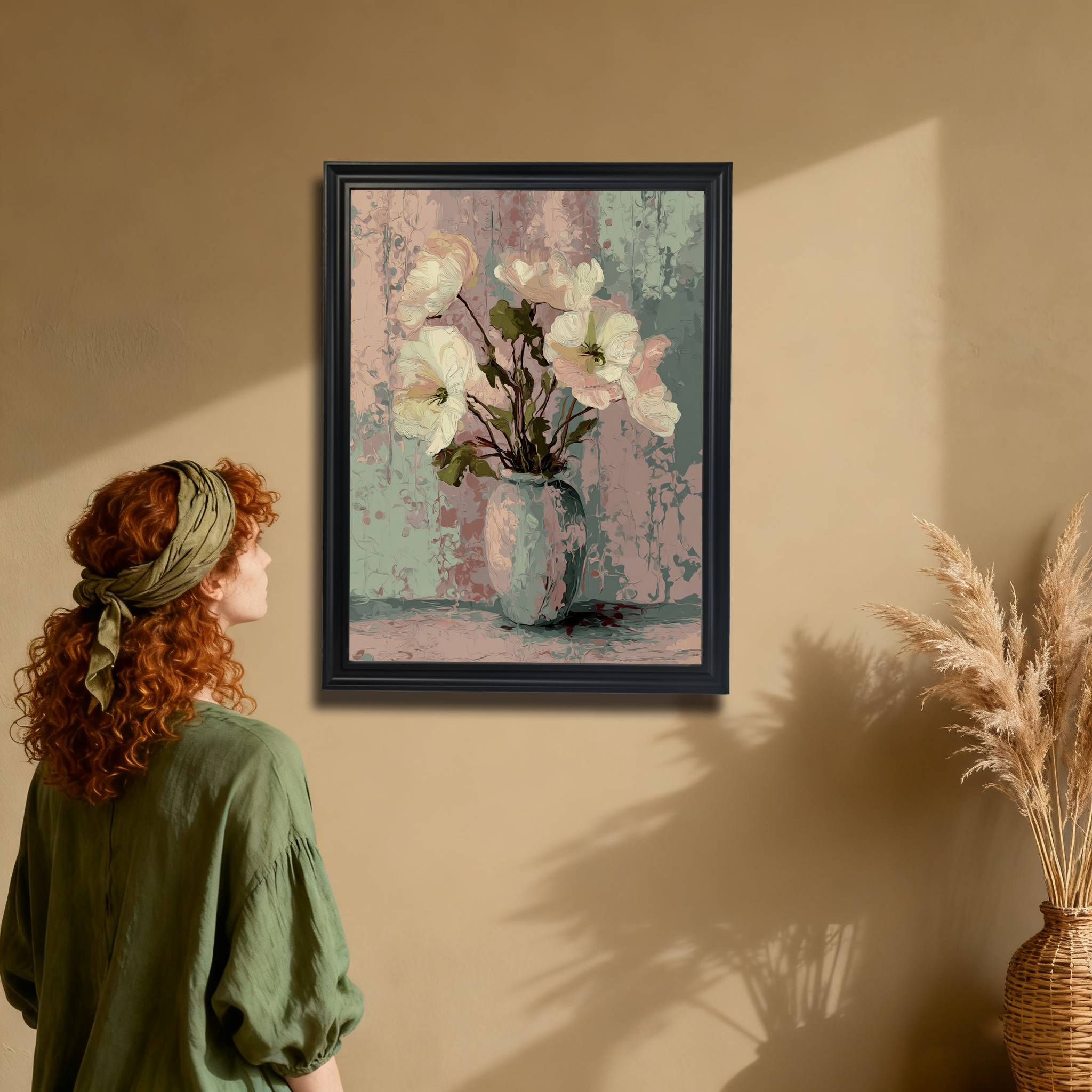 Woman with red curly hair and a green headband looking at a black-framed art print of white and pink flowers in a vase, hanging on a warm beige wall next to a wicker vase with dried grasses.