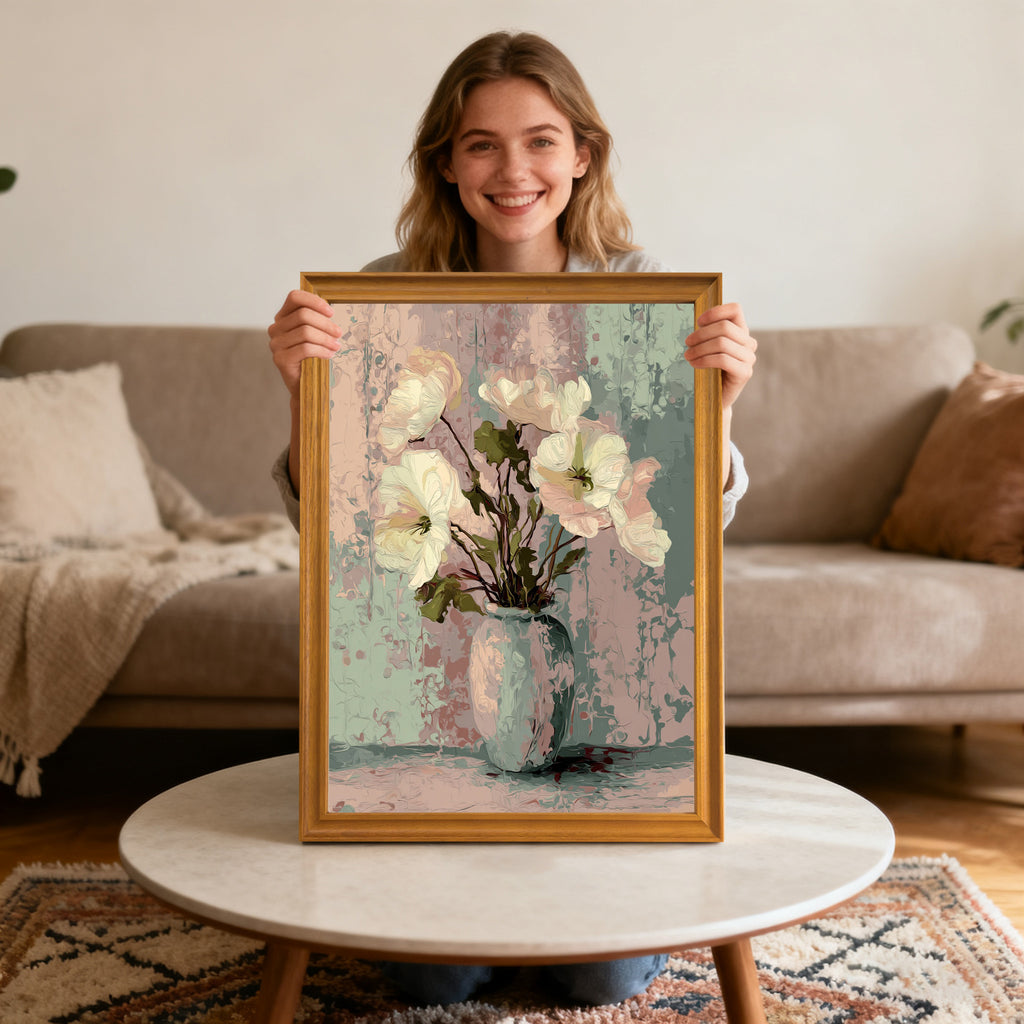 Smiling woman sitting and holding an art print of soft, white flowers in a blue vase with a gold-colored wood frame, centered over a round coffee table.