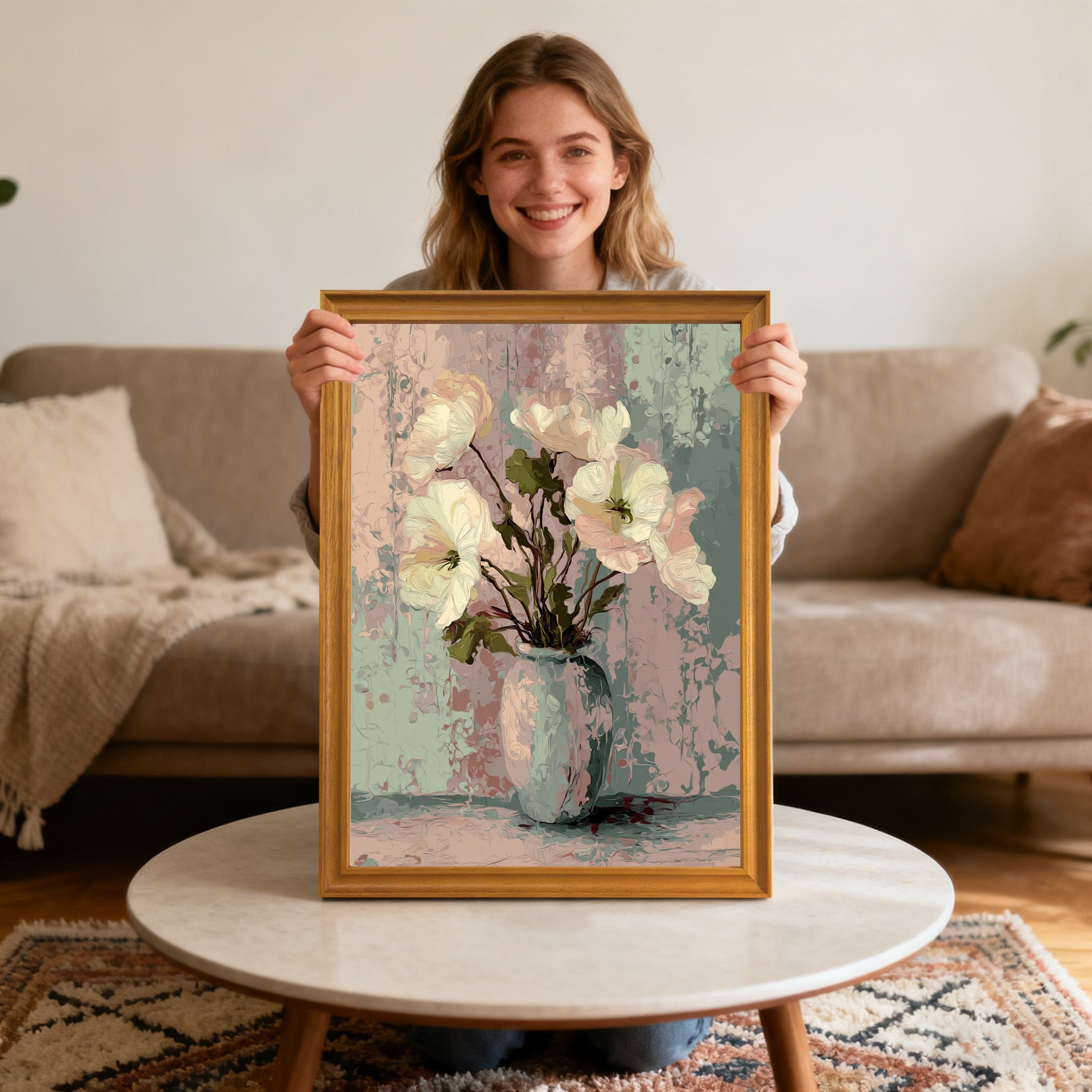 Smiling woman sitting and holding an art print of soft, white flowers in a blue vase with a gold-colored wood frame, centered over a round coffee table.