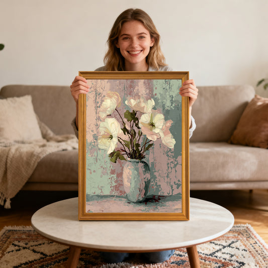 Smiling woman sitting and holding an art print of soft, white flowers in a blue vase with a gold-colored wood frame, centered over a round coffee table.