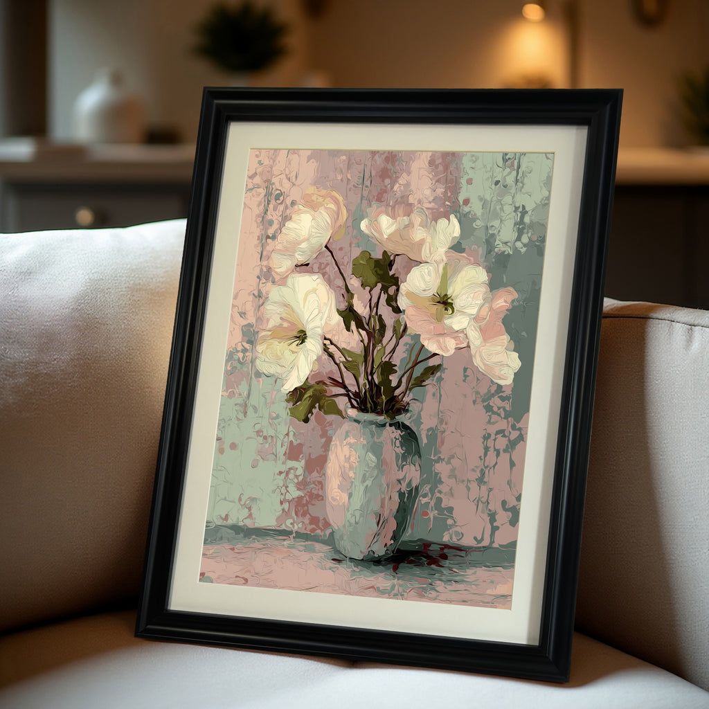 Close-up of the framed art print: white and pink flowers in a pale blue vase against a textured pastel background, set in a black frame with a mat, leaning on a light-colored sofa.
