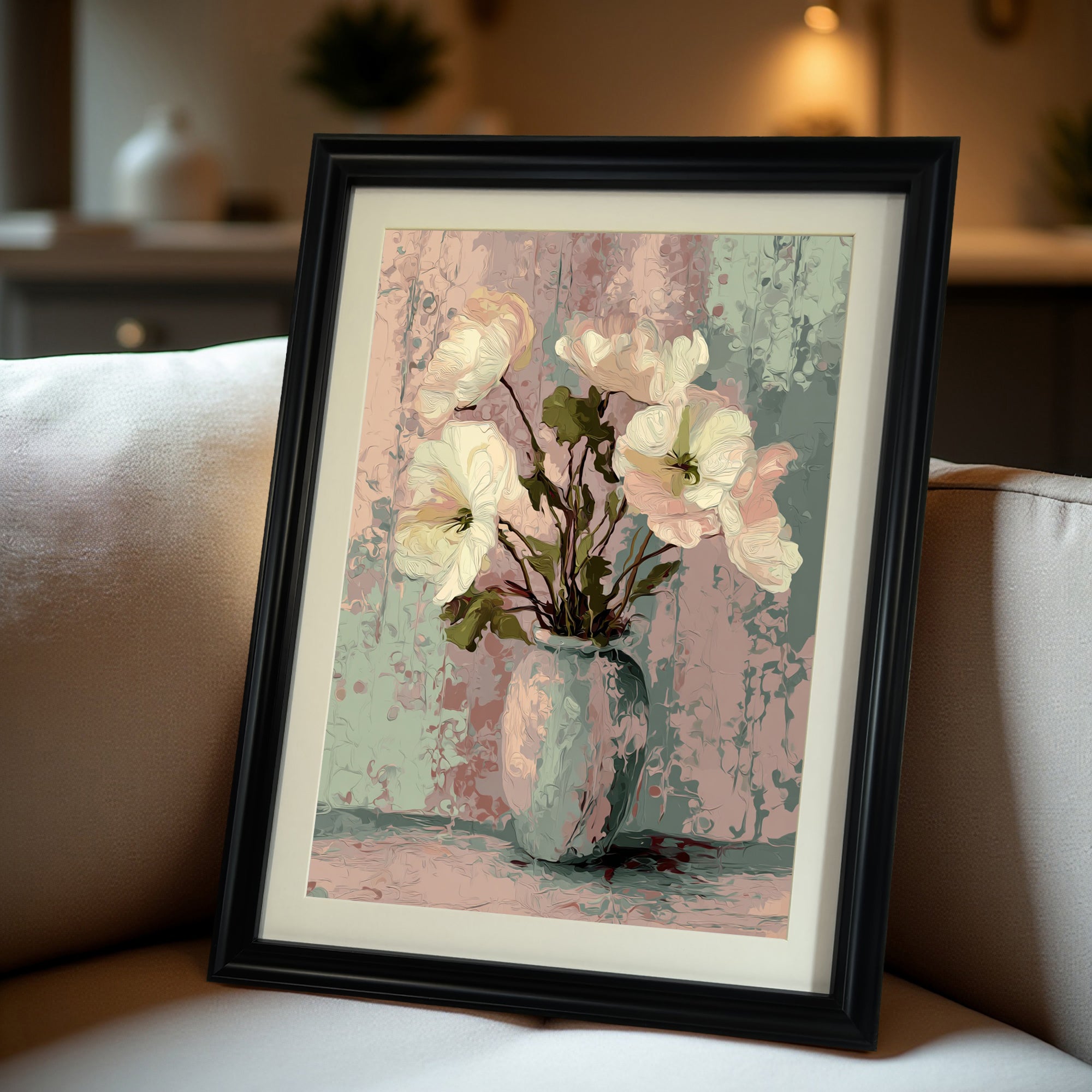Close-up of the framed art print: white and pink flowers in a pale blue vase against a textured pastel background, set in a black frame with a mat, leaning on a light-colored sofa.