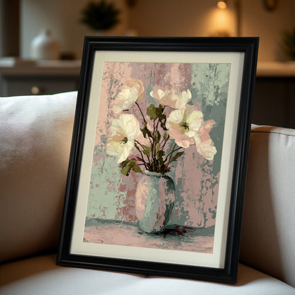 Close-up of the framed art print: white and pink flowers in a pale blue vase against a textured pastel background, set in a black frame with a mat, leaning on a light-colored sofa.