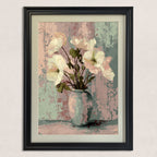 Close-up of the art print: white, textured flowers in a pale blue vase against a heavily textured background of pastel pink and mint green, framed in a black wood frame.
