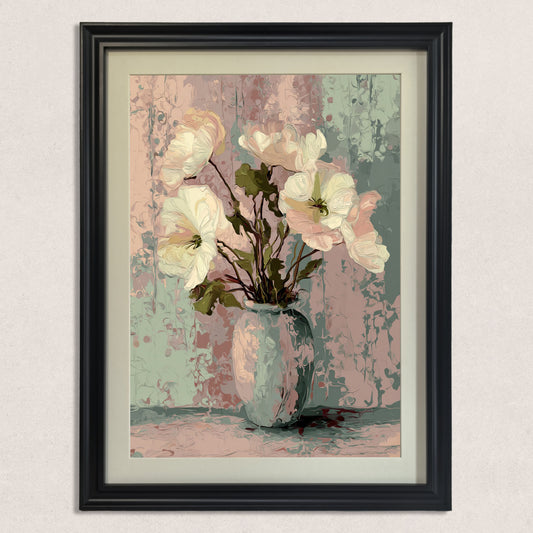 Close-up of the art print: white, textured flowers in a pale blue vase against a heavily textured background of pastel pink and mint green, framed in a black wood frame.