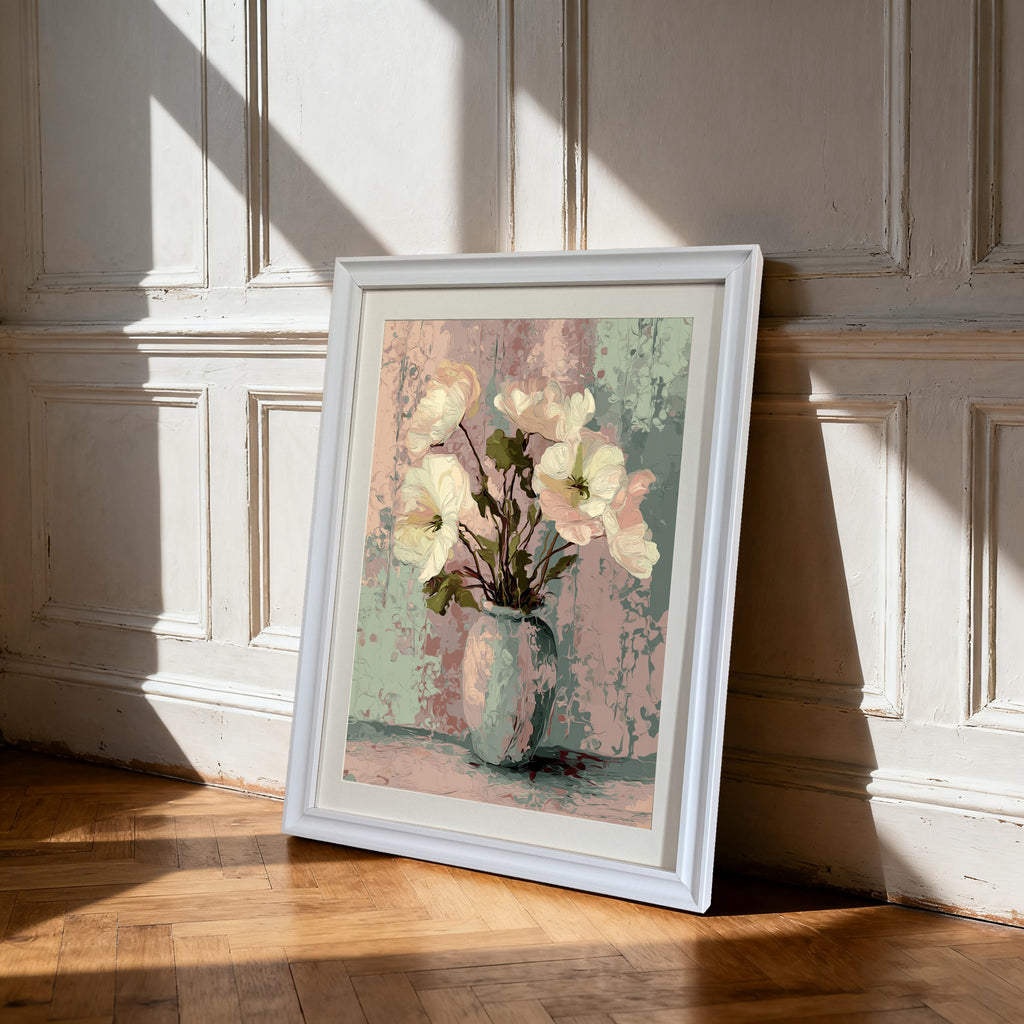 Impressionist-style art print of flowers in a vase, framed in white wood, leaning on the floor against a white paneled wall with strong window light and shadows.