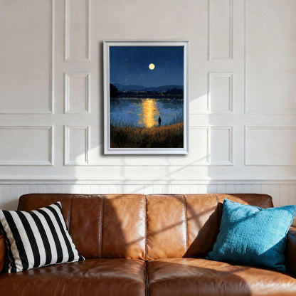 A framed art print of a starry night over a lake with a full moon reflection, hanging on a white wainscoted wall above a brown leather sofa. The frame is white.