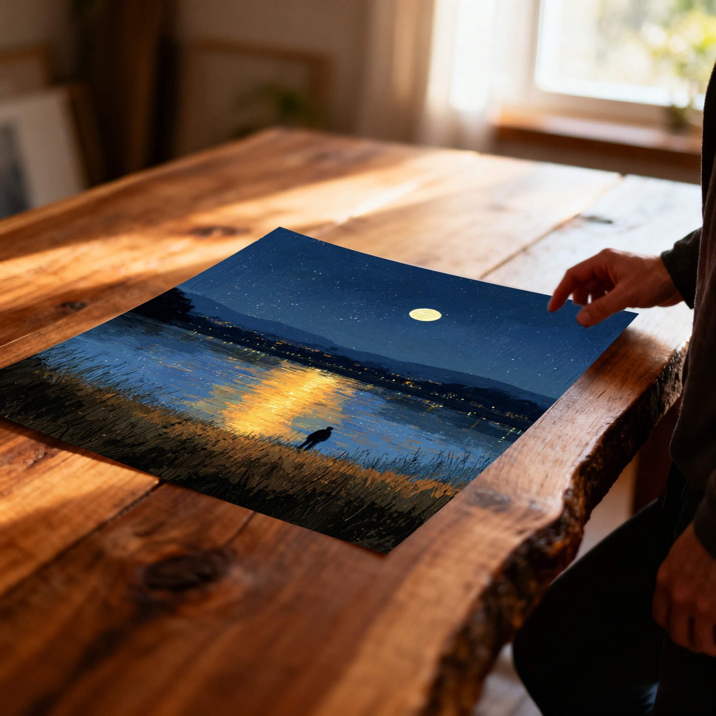 A close-up, angled view of an unframed art print lying on a rustic wooden table. The print depicts a moonlit lake with a golden reflection, a starry sky, and a solitary figure in the tall foreground grass. A person's hand is visible on the right.