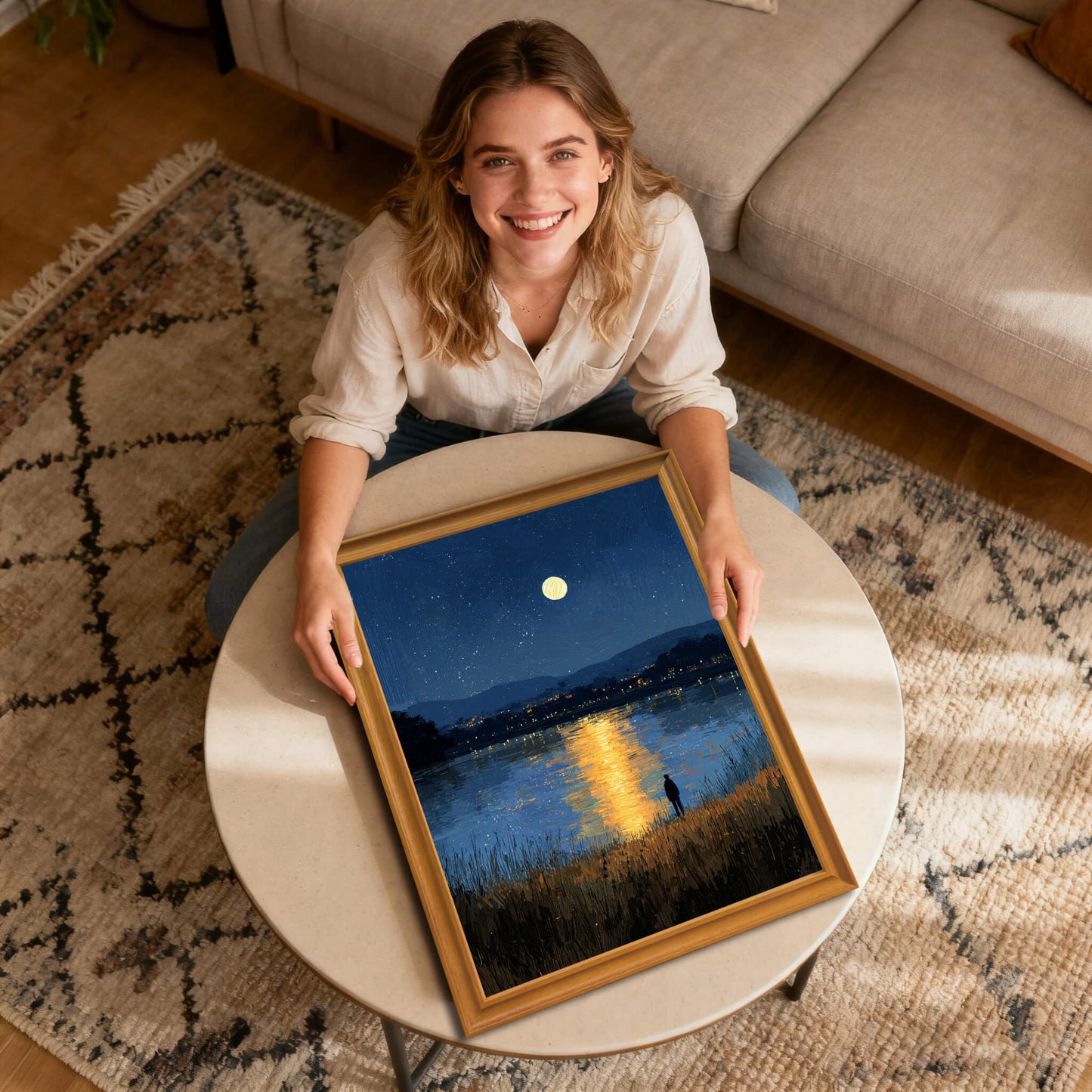 A smiling woman sits on the floor, holding a framed art print of a nighttime lake scene under a starry sky. The full moon reflects a bright golden path across the water towards a solitary figure in the tall grass. The frame is natural wood.