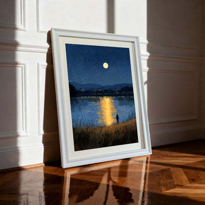 A framed art print of a full moon reflecting on a starry lake with a silhouette of a person standing in the foreground. The print is in a white frame, leaning against a white wainscoted wall on a glossy wooden floor, illuminated by a sunbeam.