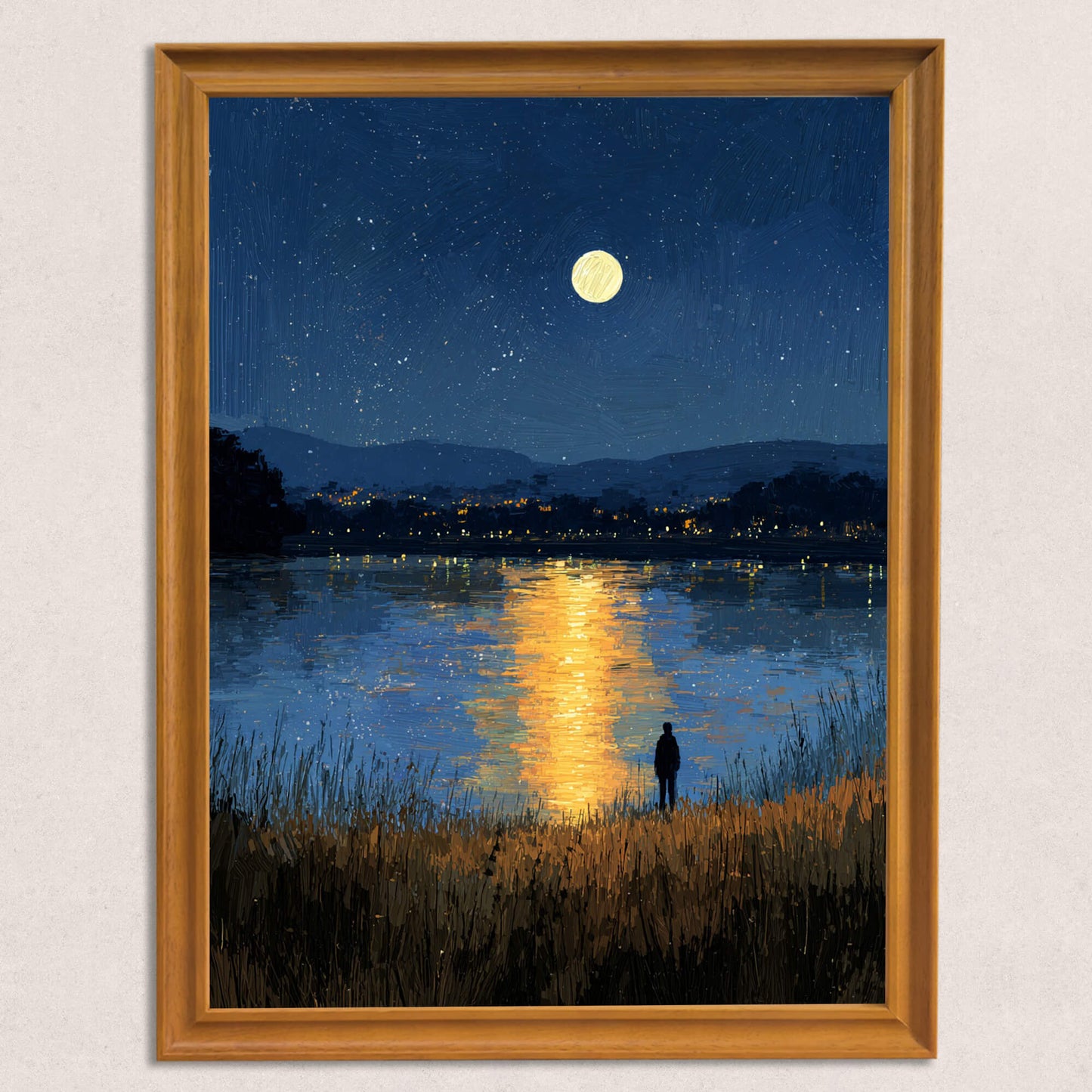 A straight-on view of the framed art print, showing the textured painting style of the dark blue, starry sky, the yellow moon reflection, and the solitary figure, displayed in a simple natural wood frame.