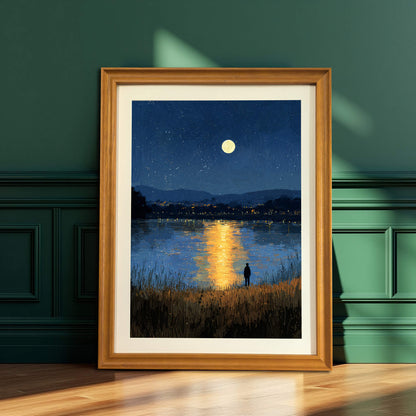 A framed art print of a moonlit lake and starry sky, with a single person silhouette in the tall grass. The print is resting on a wooden floor against a dark, paneled green wall. The frame is natural wood/light brown.