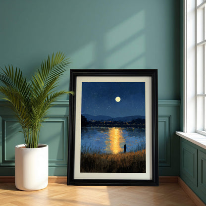 A framed art print of a moonlit lake and starry sky, resting on a wooden floor against a dark, paneled green wall, beside a tall potted palm plant. The frame is black.