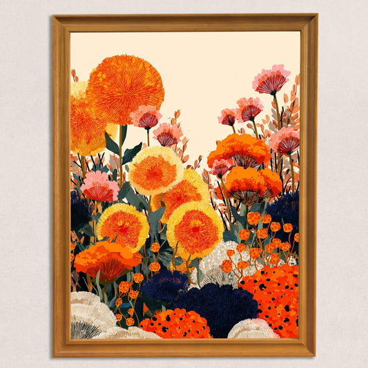 A front-facing, straight-on shot of a floral art print featuring stylized orange, yellow, and blue flowers in a warm-toned wooden frame against a neutral, textured background.