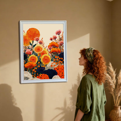 A woman with red curly hair and a green headband viewed from the side, looking at a white-framed floral art print mounted on a beige wall.