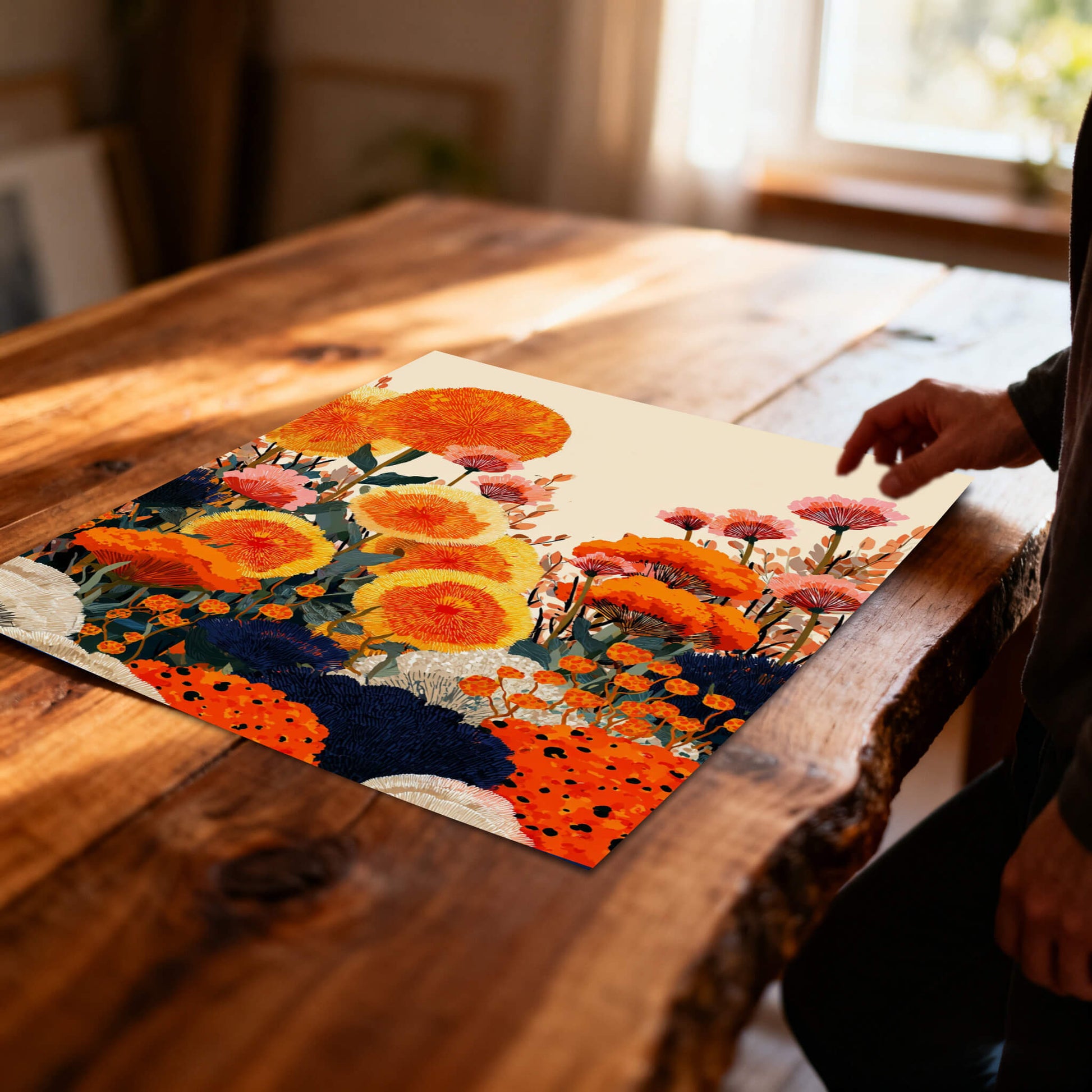 A high-angle, close-up shot of a vibrant floral art print lying flat on a rustic, sunlit wooden table. A person's hand is visible on the right side, suggesting the scale of the unframed print.
