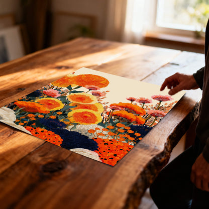 A high-angle, close-up shot of a vibrant floral art print lying flat on a rustic, sunlit wooden table. A person's hand is visible on the right side, suggesting the scale of the unframed print.
