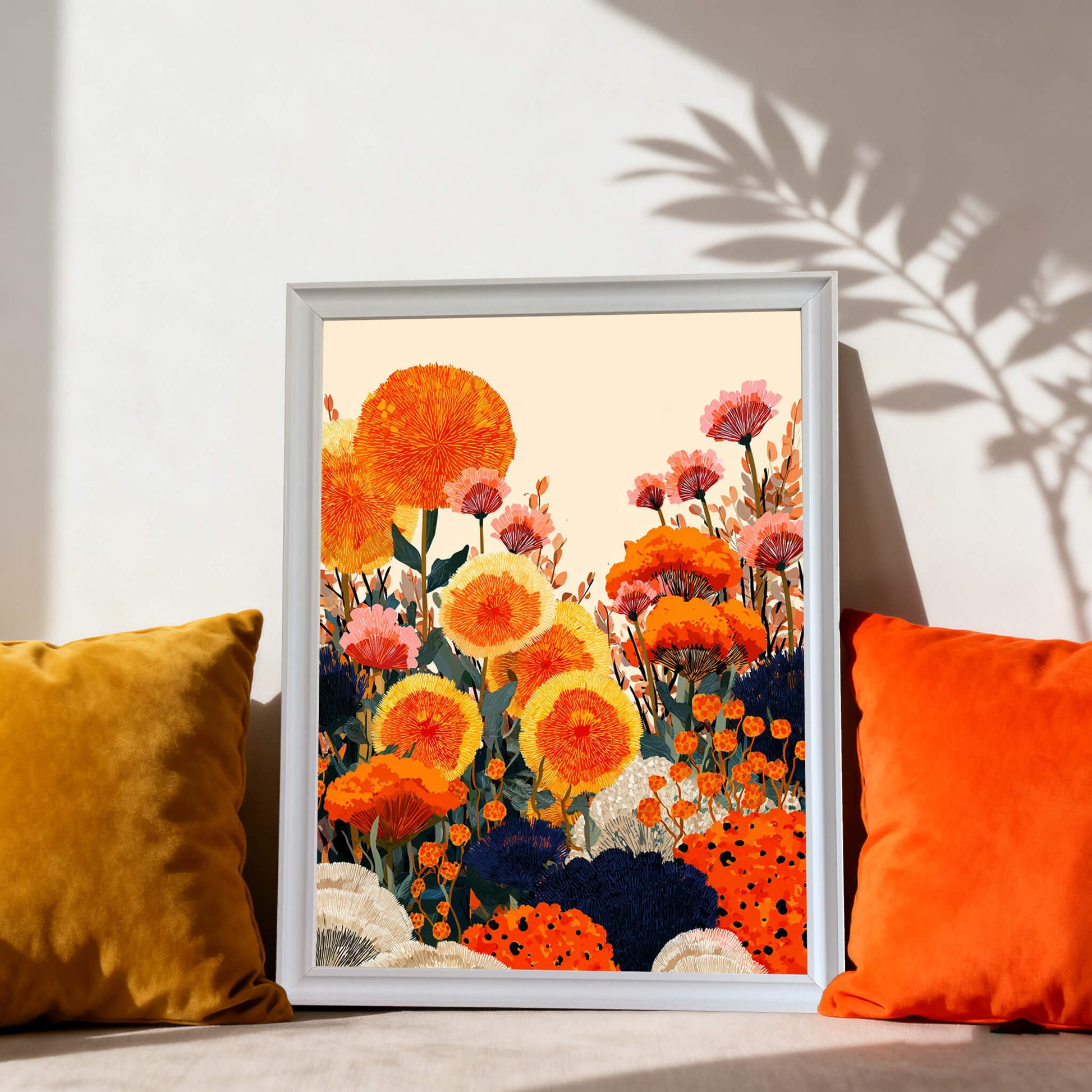 A white-framed floral art print leaning against a light-colored wall on a sofa. It is flanked by a mustard yellow velvet pillow on the left and a bright orange pillow on the right, with soft shadows of leaves cast on the wall.