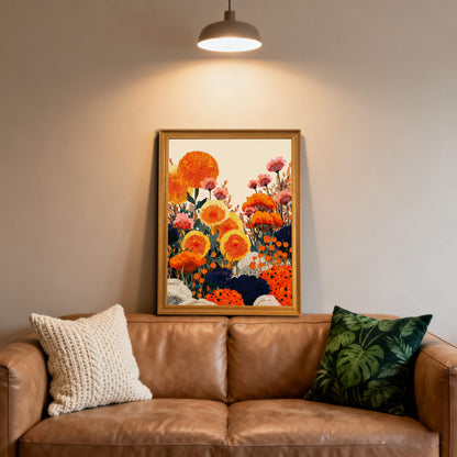 A wood-framed floral art print leaning on a cognac leather sofa. The scene is illuminated by a hanging pendant light directly above, with a white textured pillow and a green botanical print pillow on the couch.
