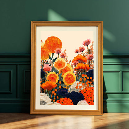 A wood-framed floral art print leaning against a dark teal wall with decorative molding. The frame sits on a polished wooden floor, with dramatic sunlight and shadows crossing the scene.